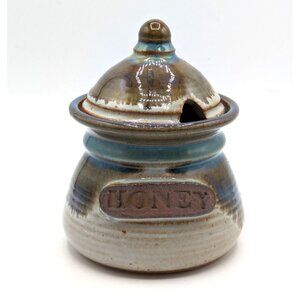 Stoneware Glazed Studio Art Pottery Honey Pot Jar With Lid Signed Red Duck 5.5"